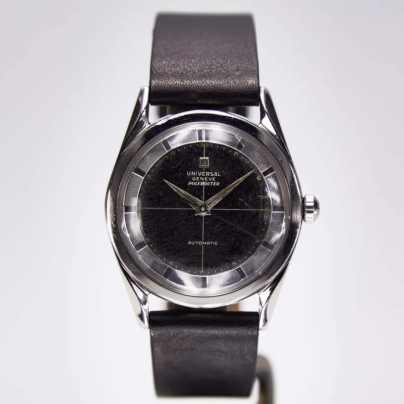 Pre-owned Universal Genève Polerouter 20217, 35 mm stainless steel case, black dial