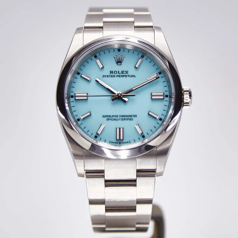 Pre-owned Rolex Oyster Perpetual ‘Tiffany’ 126000, 36 mm stainless steel case, blue dial