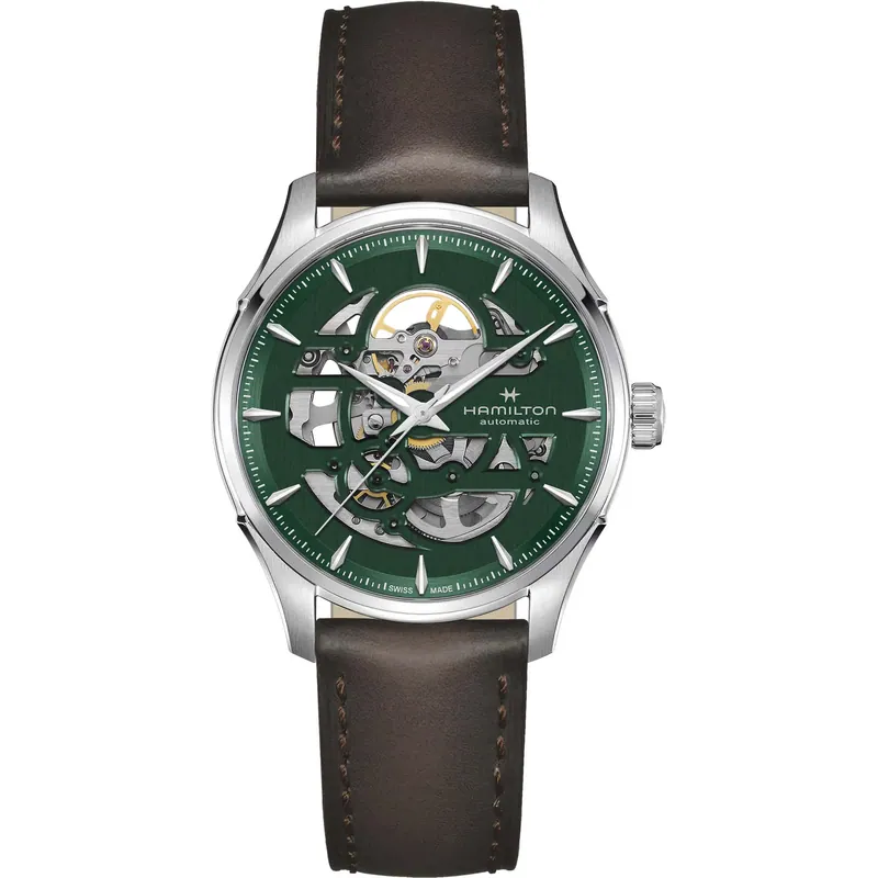 Pre-owned Hamilton Jazzmaster Skeleton H42535560, 40 mm stainless steel case, green and skeleton dial